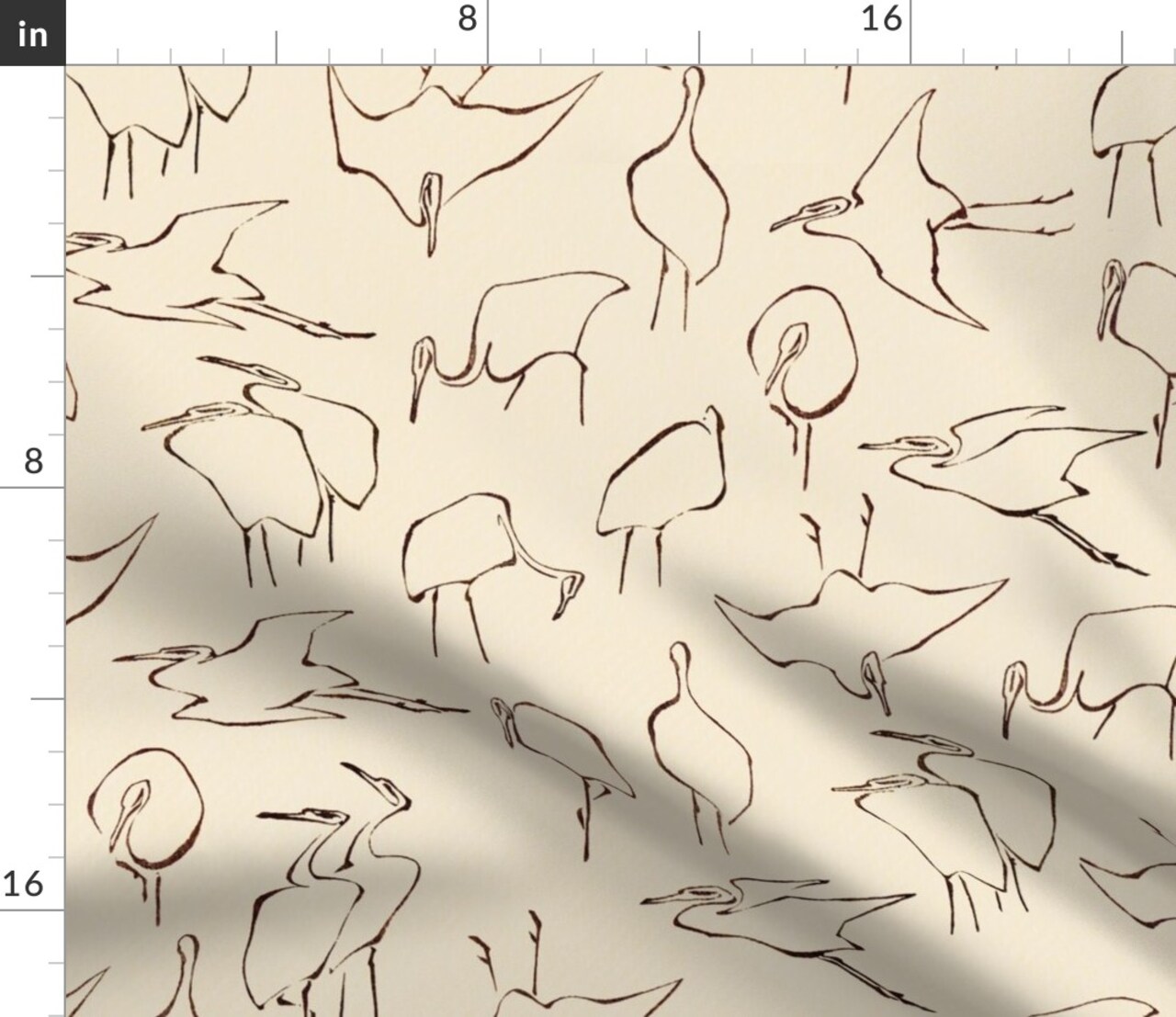Japanese Birds Hand Drawn Ukiyo-E Traditional Beige Sketch Neutral Cream Outline Custom Printed Fabric by Spoonflower Various Fabrics by the Yard or Fat Quarter